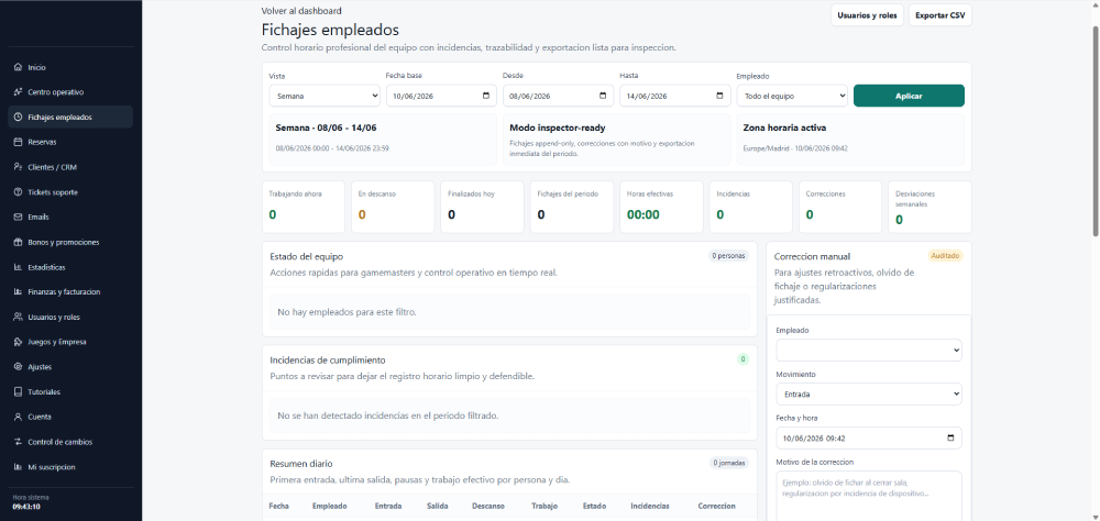Control horario y fichajes del equipo