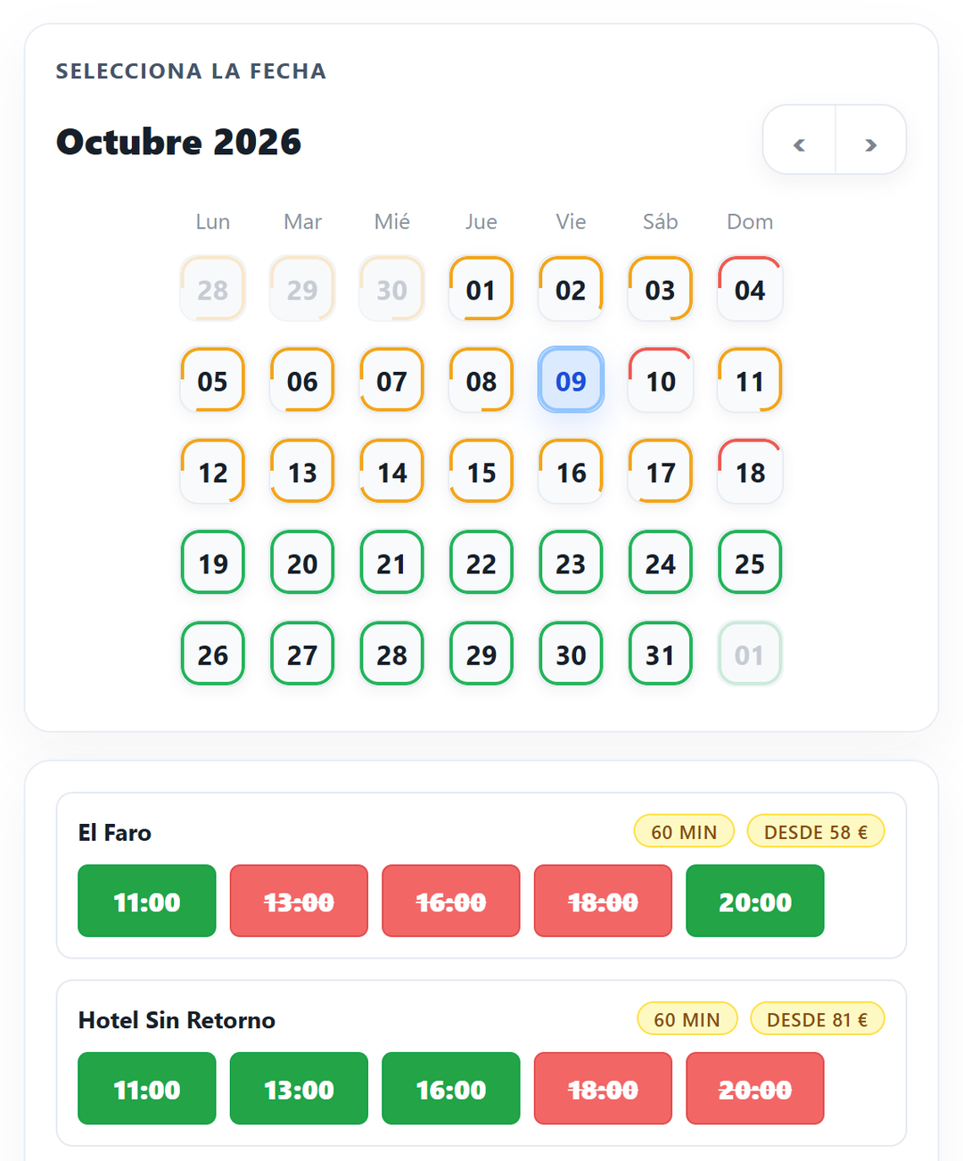 Calendario de reservas online de TitanEscape integrado en la web de un escape room: días disponibles y horas libres u ocupadas por sala